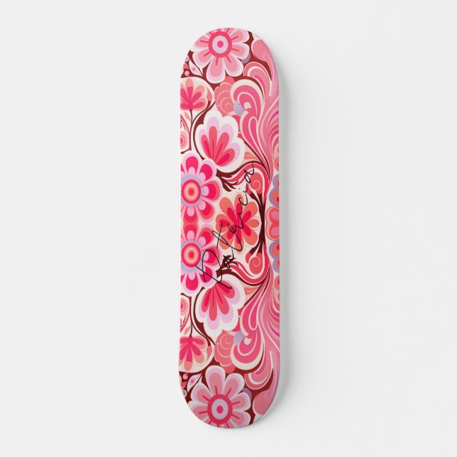 Retro Pink Flower Watercolor Girly Skateboard (Front)
