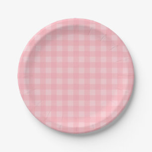 Retro Pink Gingham Checkered Pattern Background Paper Plates