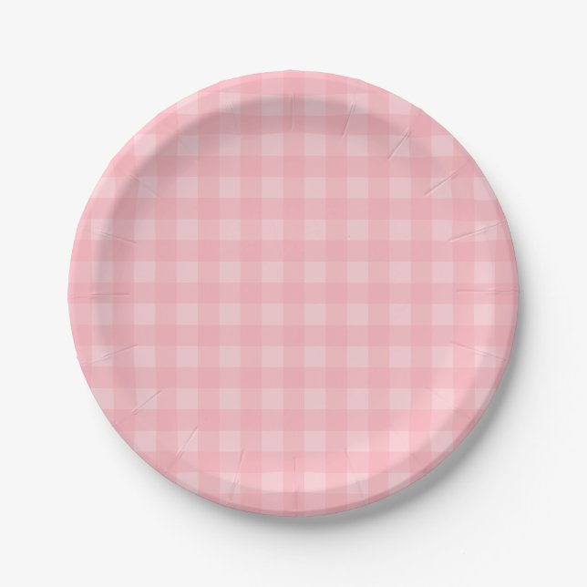 Retro Pink Gingham Checkered Pattern Background Paper Plates (Front)