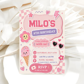 Retro Pink Girl Birthday Invitation