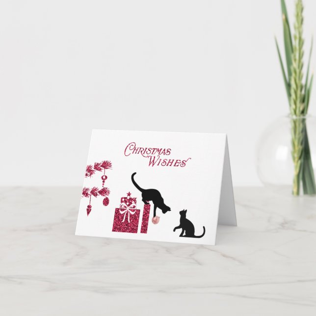 Retro Pink Glitter and Black Cat Christmas Card (Front)
