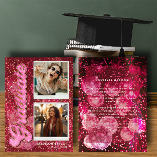 Retro Pink Glitter Disco Ball  2 Photo Graduation Announcement