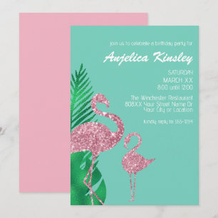 Retro Pink Glitter Flamingo and Palm Leaves Invitation
