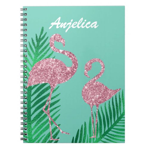 Retro Pink Glitter Flamingo and Palm Leaves Notebook