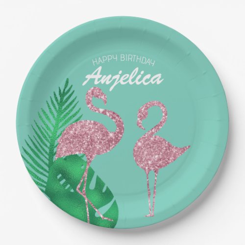 Retro Pink Glitter Flamingo and Palm Leaves Paper Plates
