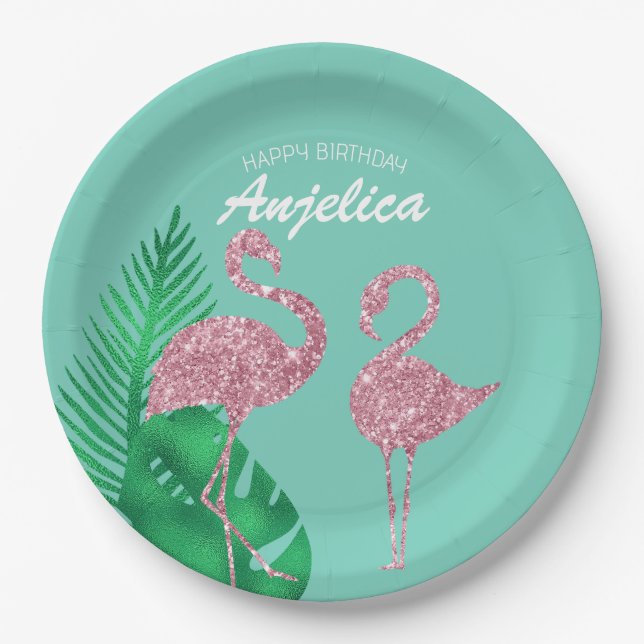 Retro Pink Glitter Flamingo and Palm Leaves Paper Plates (Front)