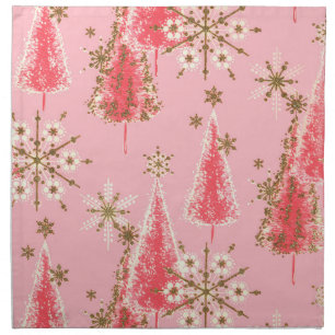 Retro Pink Gold Christmas Trees And Snowflakes Cloth Napkin