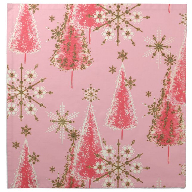 Retro Pink Gold Christmas Trees And Snowflakes Cloth Napkin (Front)