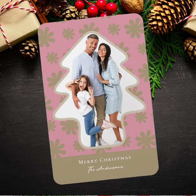 Retro Pink & Gold Floral Tree Shaped Photo Holiday Magnet (Creator Uploaded)