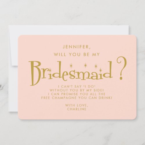 Retro Pink  Gold  Handwriting Bridesmaid Proposal Invitation