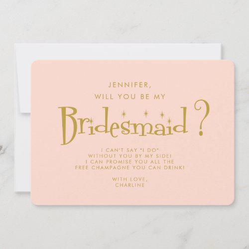 Retro Pink  Gold  Handwriting Bridesmaid Proposal Invitation
