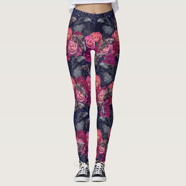 Retro Pink Gothic Raven Moth Floral Collage Leggings (Front)