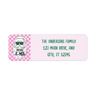 Retro Pink Green Checkered Santa Claus Christmas Label
