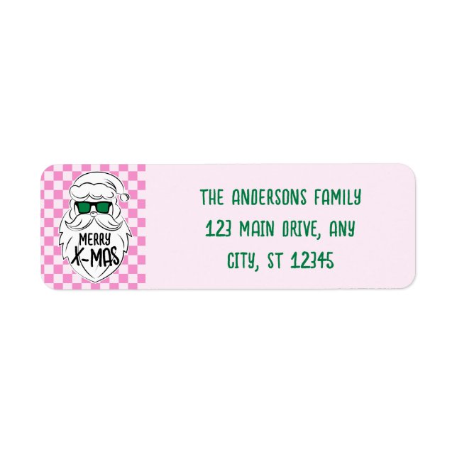 Retro Pink Green Checkered Santa Claus Christmas Label (Front)