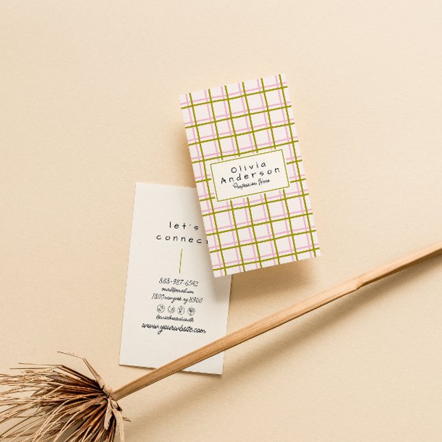 Retro Pink Green Checkered Stripes Trendy Boho  Business Card (Creator Uploaded)
