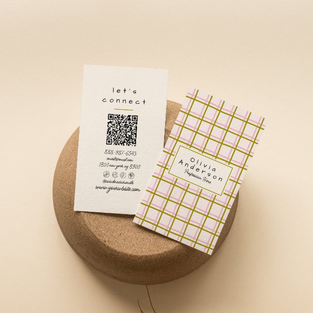 Retro Pink Green Checkered Stripes Trendy QR Code Business Card (Creator Uploaded)