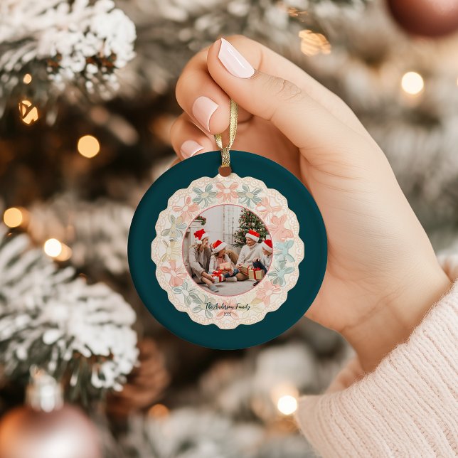 Retro Pink Green Christmas Ceramic Ornament (Creator Uploaded)