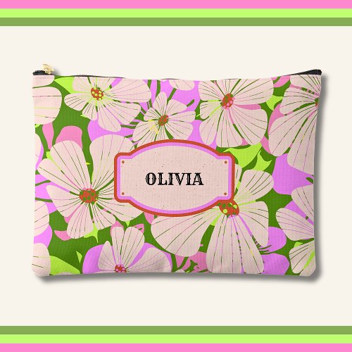 Retro Pink  Green Floral  Accessory Pouch