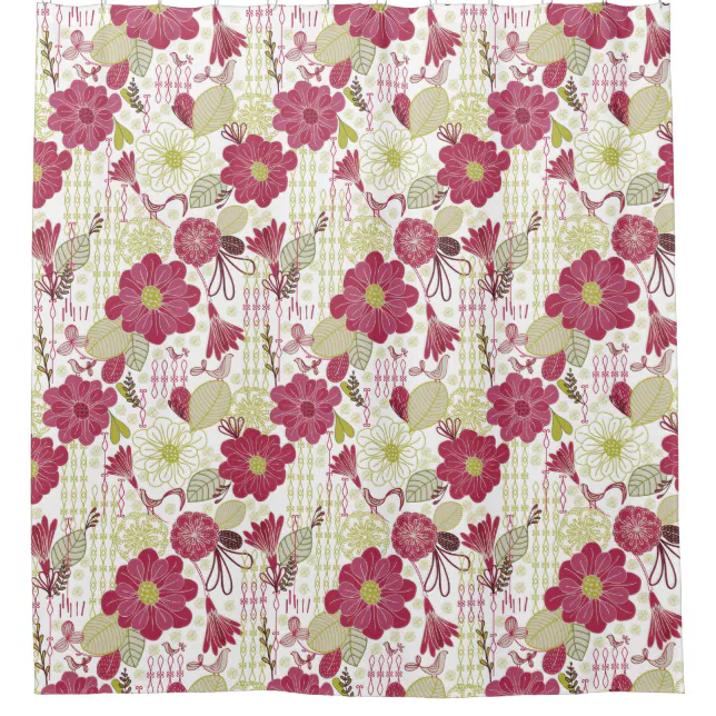 Retro Pink & Green Floral Design - Shower Curtain | Zazzle