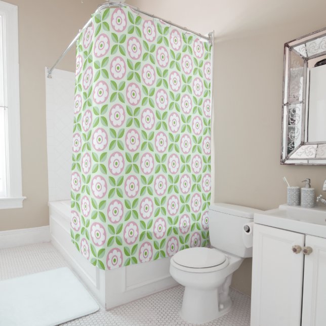 Retro Pink Green Floral Geometric Pattern Shower Curtain (In Situ)
