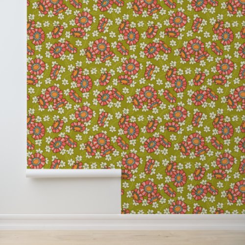 Retro Pink  Green Flowers Pattern Wallpaper