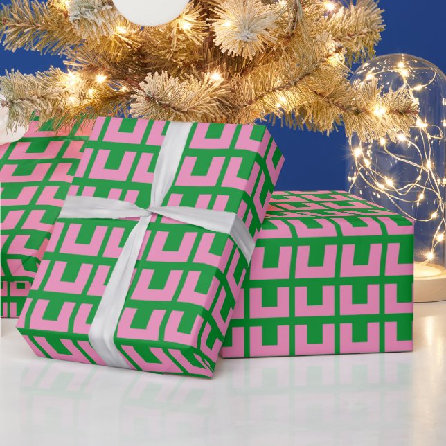 Retro Pink Green Geometric Mid Century Modern Wrapping Paper (Holidays)