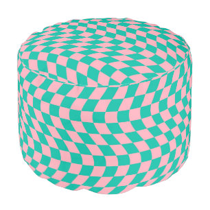 Retro Pink Green Groovy Warped Check Checkered Pouf
