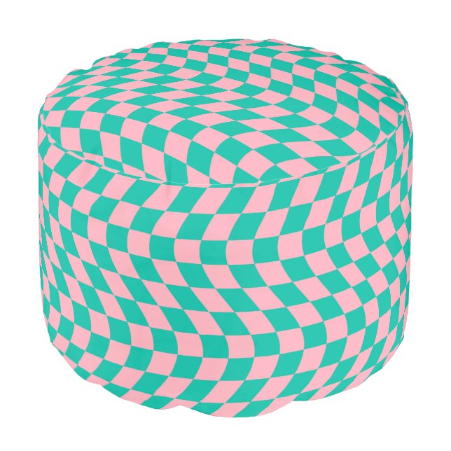 Retro Pink Green Groovy Warped Check Checkered Pouf (Angled Front)