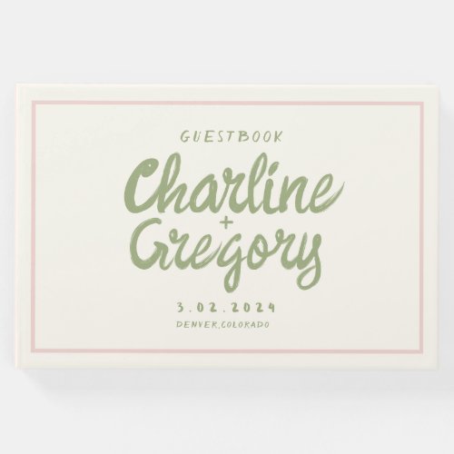 Retro Pink Green Handwriting Wedding  Guest Book