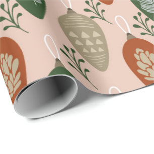 Retro Pink & Green Ornaments Christmas Pattern Wrapping Paper