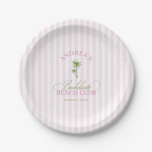 Retro Pink & Green Palm Tree Beach Bachelorette Paper Plates (Front)