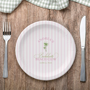 Retro Pink & Green Palm Tree Beach Bachelorette Paper Plates