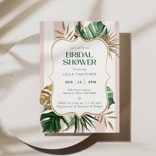 Retro pink green stripes palm beach bridal shower invitation