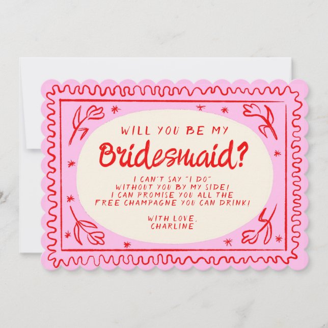 Retro Pink & Green Wavy  Bridesmaid Proposal  Invitation (Front)