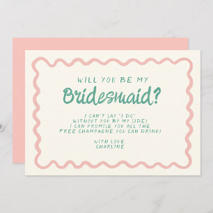 Retro Pink & Green Wavy  Bridesmaid Proposal  Invitation