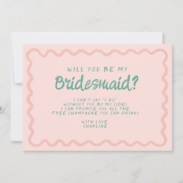 Retro Pink & Green Wavy  Bridesmaid Proposal  Invitation (Front)