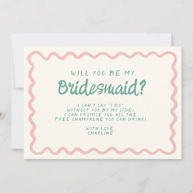 Retro Pink & Green Wavy  Bridesmaid Proposal  Invitation (Front)