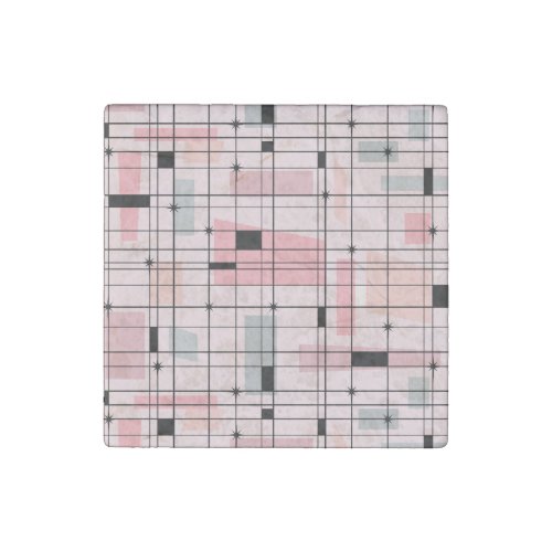 Retro Pink Grid and Starburst Marble Stone Magnet