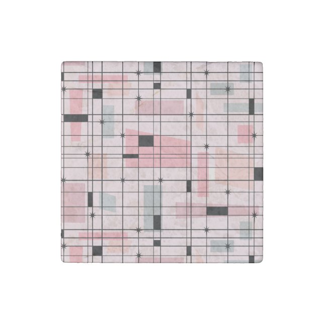 Retro Pink Grid and Starburst Marble Stone Magnet (Front)
