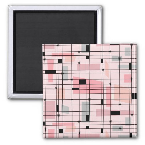 Retro Pink Grid and Starburst Square Magnet