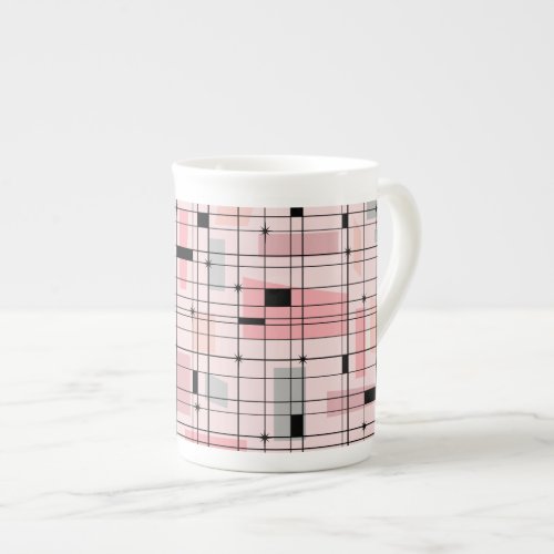 Retro Pink Grid and Starbursts Bone China Mug