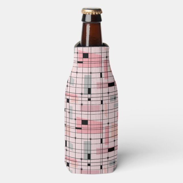 Retro Pink Grid and Starbursts Bottle Cooler (Bottle Front)
