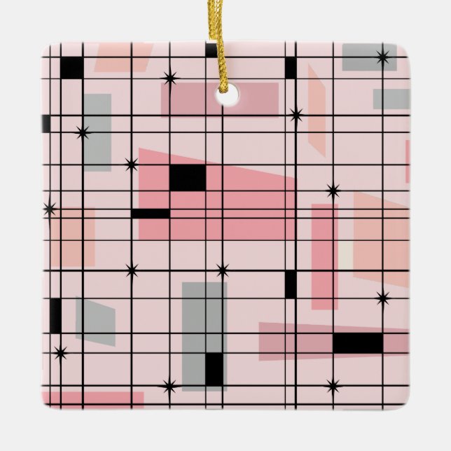Retro Pink Grid and Starbursts Christmas Ornament (Front)