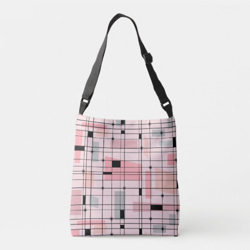 Retro Pink Grid and Starbursts Cross Body Bag
