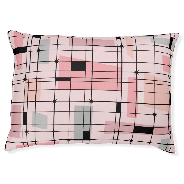 Retro Pink Grid and Starbursts Dog Bed (Front)