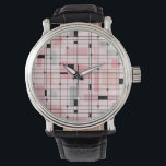 Retro Pink Grid and Starbursts Leather Watch<br><div class="desc">This Retro Pink Grid and Starbursts Leather Watch is where vintage style meets modern day. It features a light pink background with kitschy, off kilter squares and rectangles in dove grey and three shades of pink. The whimsical blocks of color are overlayed and worked into some of the grid intersections....</div>