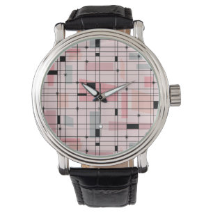 Retro Pink Grid and Starbursts Leather Watch