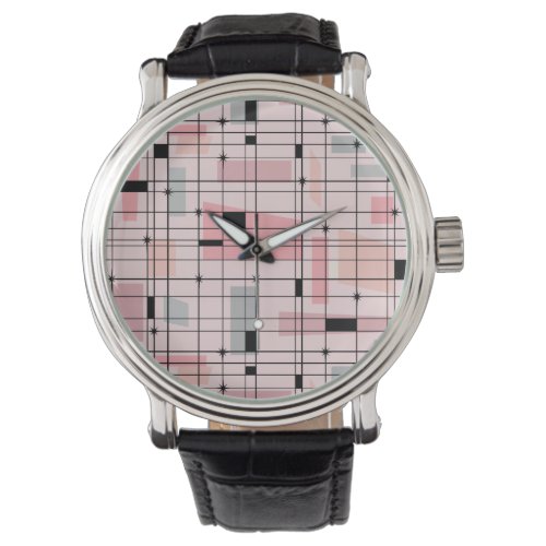 Retro Pink Grid and Starbursts Leather Watch