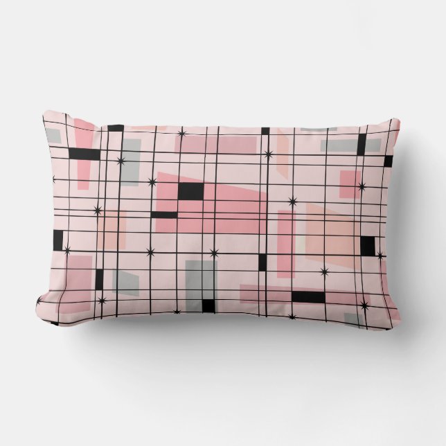 Retro Pink Grid and Starbursts Lumbar Pillow (Front)