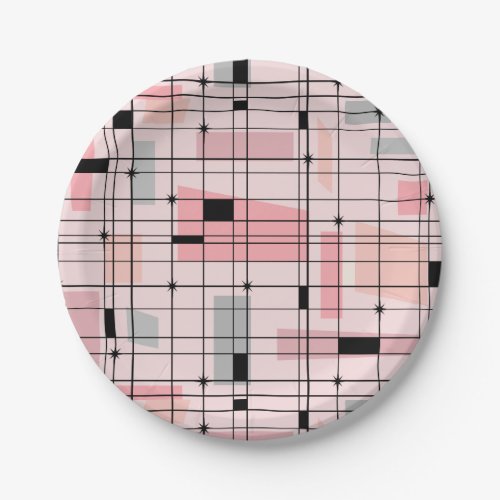 Retro Pink Grid and Starbursts Paper Plates